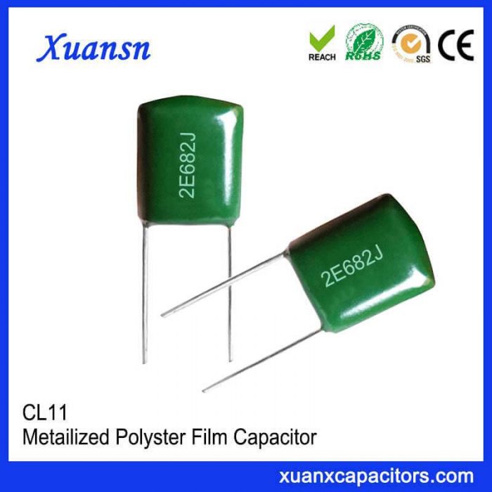 Electronic components CL11 682J250V metal foil type polyester film capacitor is inductive structure, the lead is directly spot welded to the