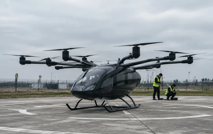 eVTOL DC-link capacitor applications - eVTOL electric aircraft on test helipad
