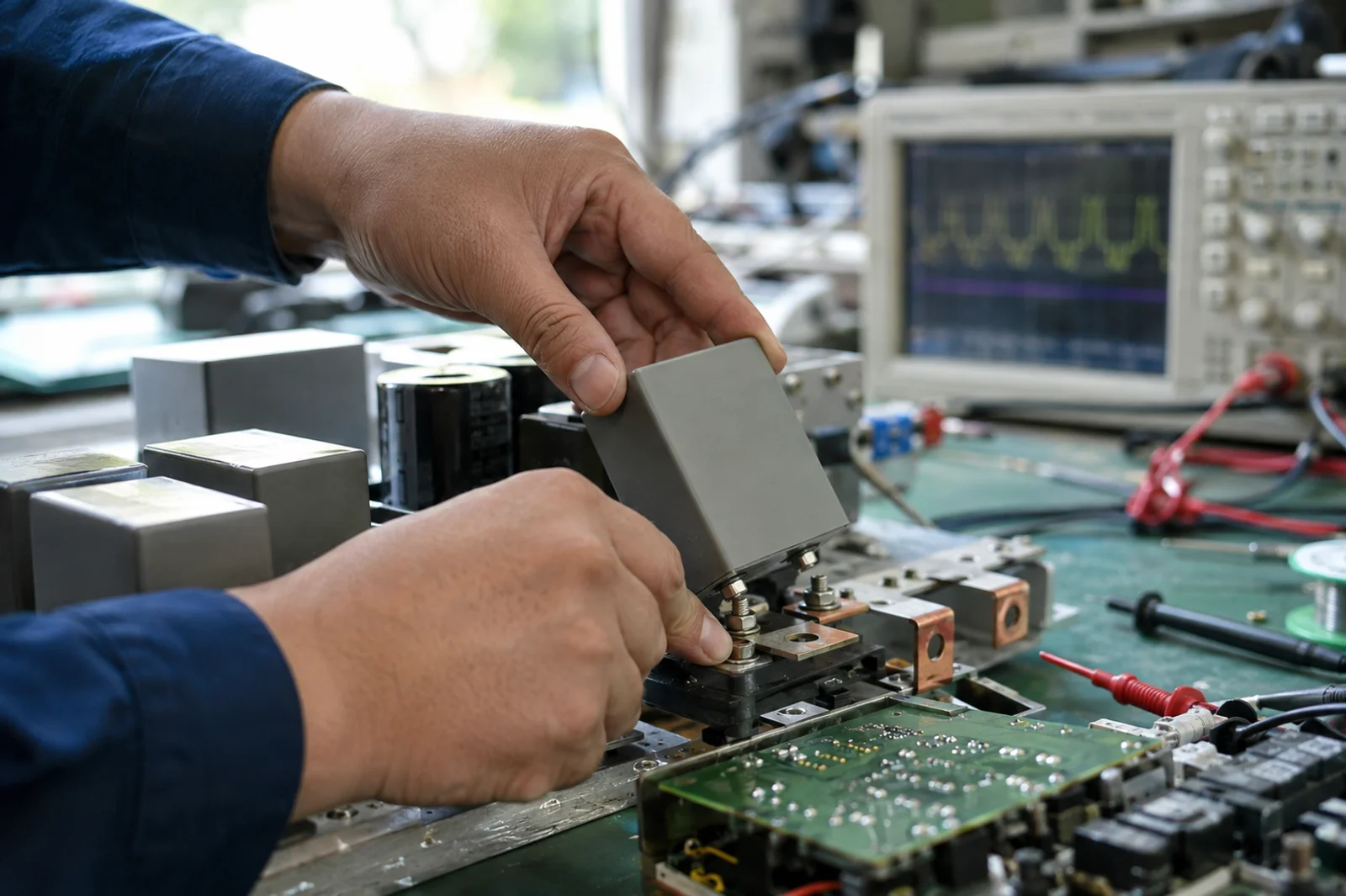 dc-link film capacitor selection - engineer fitting capacitor on inverter bus bar