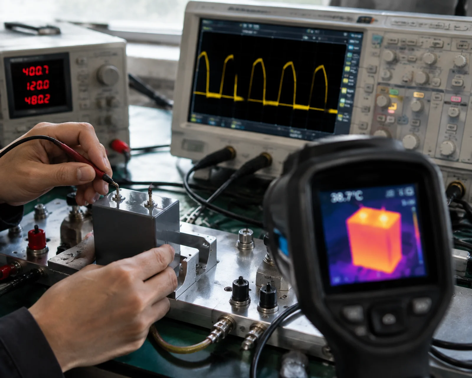800v sic inverter dc link film capacitor - measuring ripple current and temperature rise on a film capacitor test bench