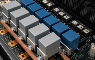 film capacitors for 800V SiC inverters - polypropylene film capacitor array on an 800V SiC inverter DC-link board