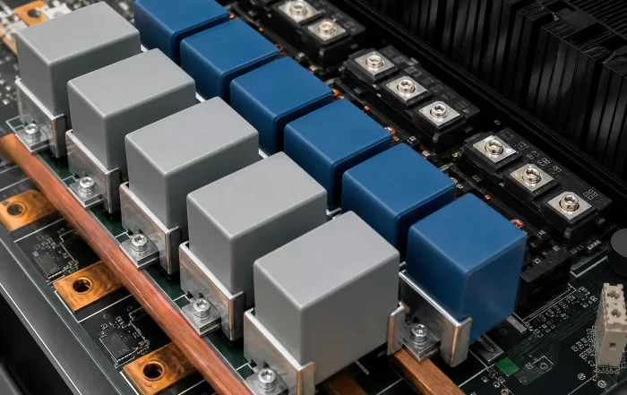 film capacitors for 800V SiC inverters - polypropylene film capacitor array on an 800V SiC inverter DC-link board