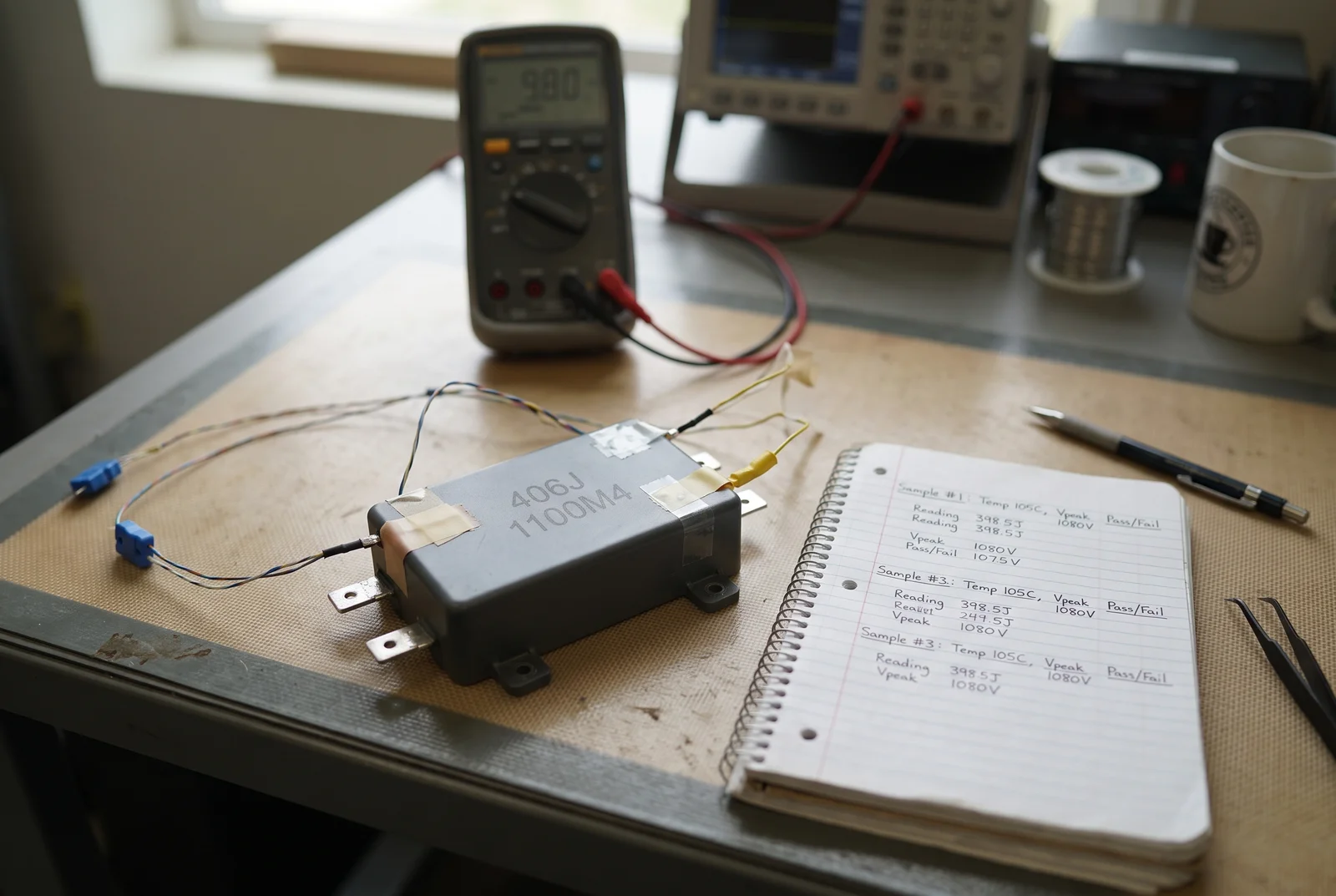 solar inverter DC-link capacitor - film capacitor under thermal test with thermocouples, test log recording temperature and peak voltage