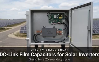 DC-link film capacitor for solar inverters - 406J 1100V film capacitor on the busbar of a string inverter cabinet at a utility-scale solar site