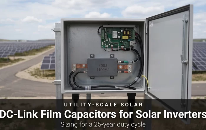 DC-link film capacitor for solar inverters - 406J 1100V film capacitor on the busbar of a string inverter cabinet at a utility-scale solar site