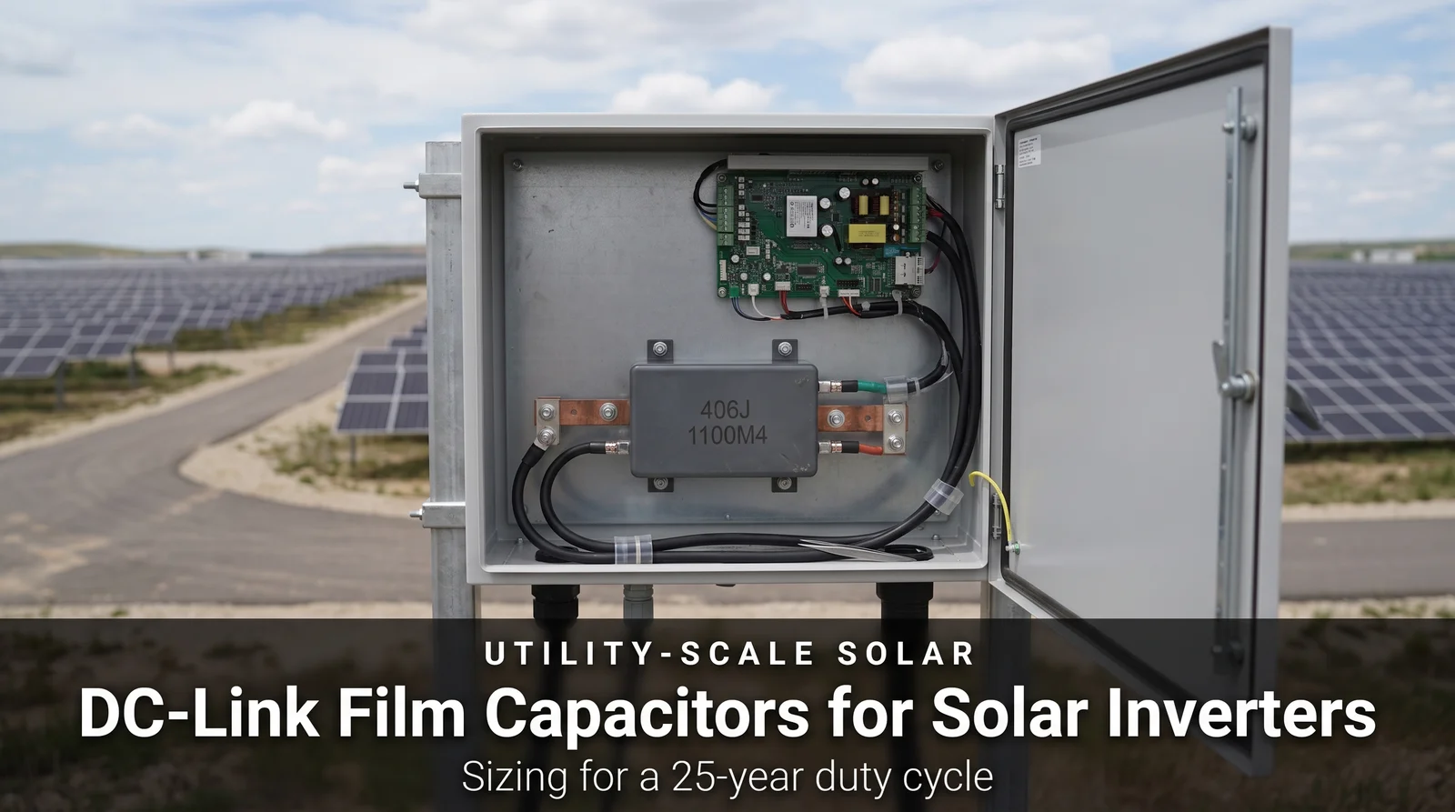 DC-link film capacitor for solar inverters - 406J 1100V film capacitor on the busbar of a string inverter cabinet at a utility-scale solar site