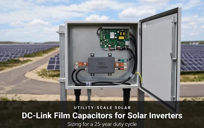 DC-link film capacitor for solar inverters - 406J 1100M4 film capacitor on the busbar of a string inverter cabinet at a utility-scale solar site