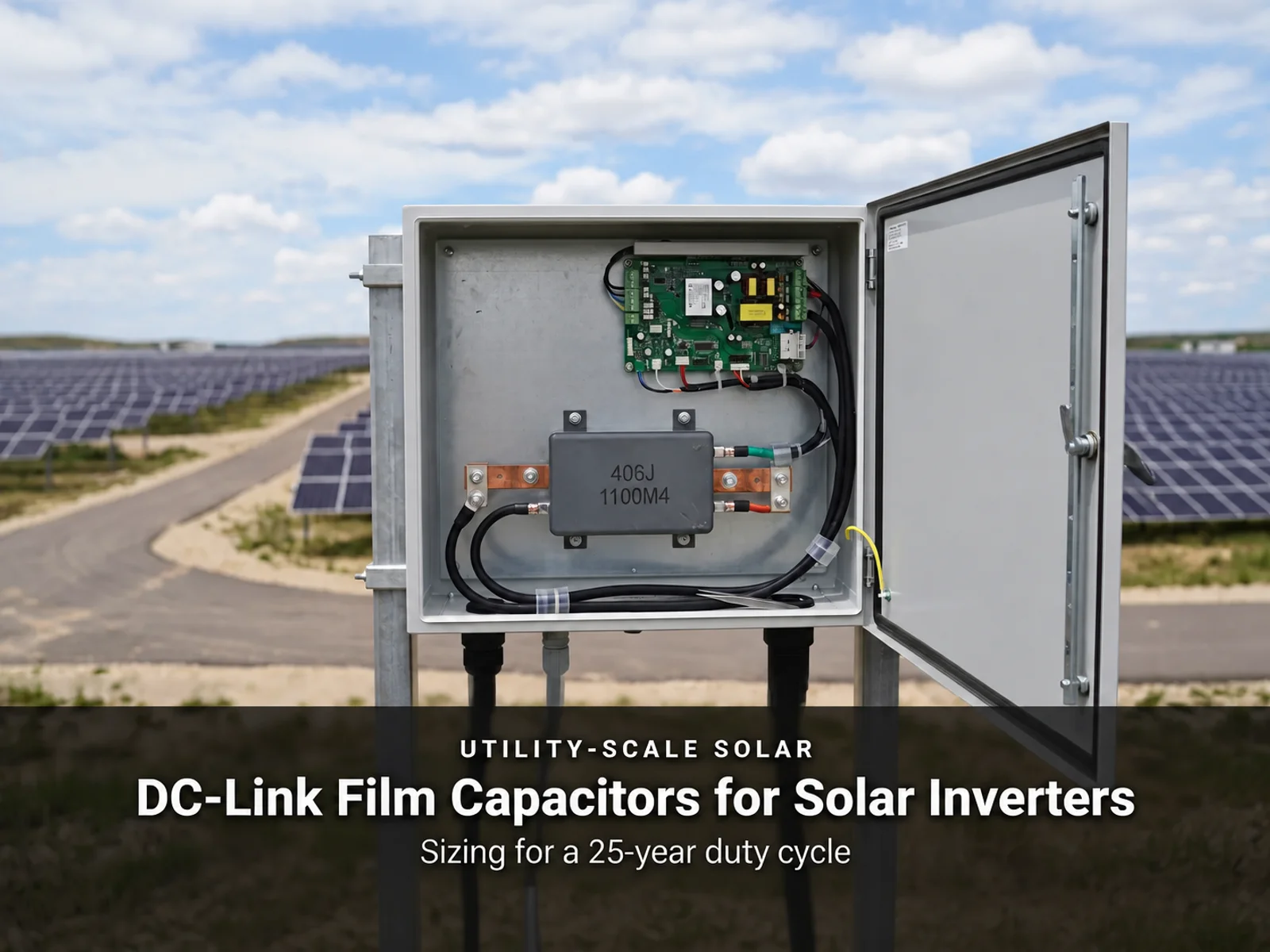 DC-link film capacitor for solar inverters - 406J 1100M4 film capacitor on the busbar of a string inverter cabinet at a utility-scale solar site