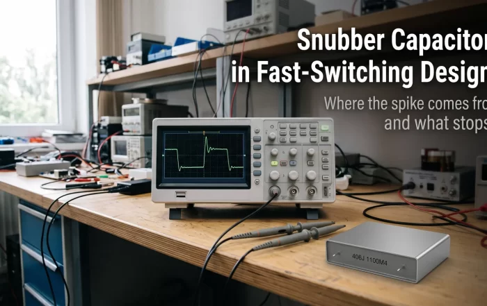 snubber capacitor - oscilloscope showing a switching waveform with voltage overshoot beside a 406J metallized film capacitor on a workbench