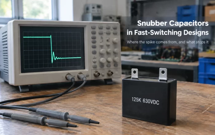 snubber capacitor - 125K 630VDC metallized polypropylene film capacitor beside an oscilloscope showing switching voltage overshoot
