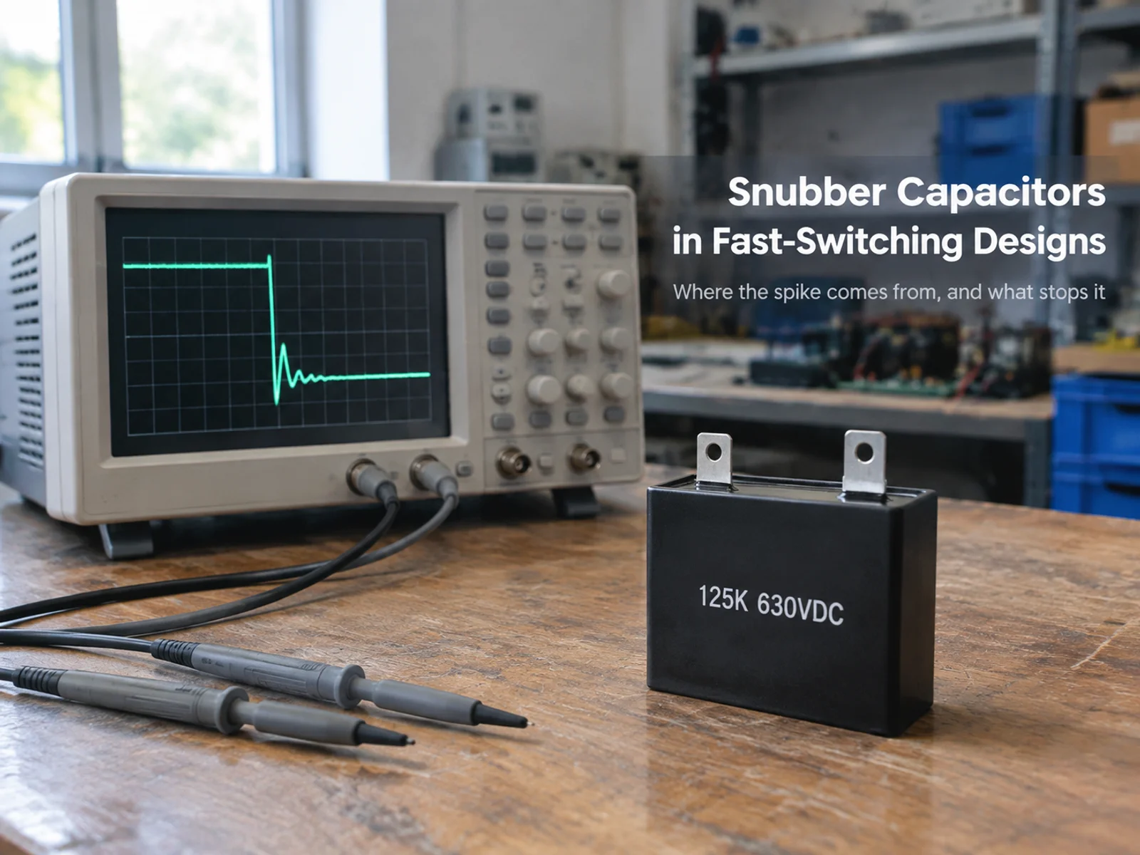 snubber capacitor - 125K 630VDC metallized polypropylene film capacitor beside an oscilloscope showing switching voltage overshoot