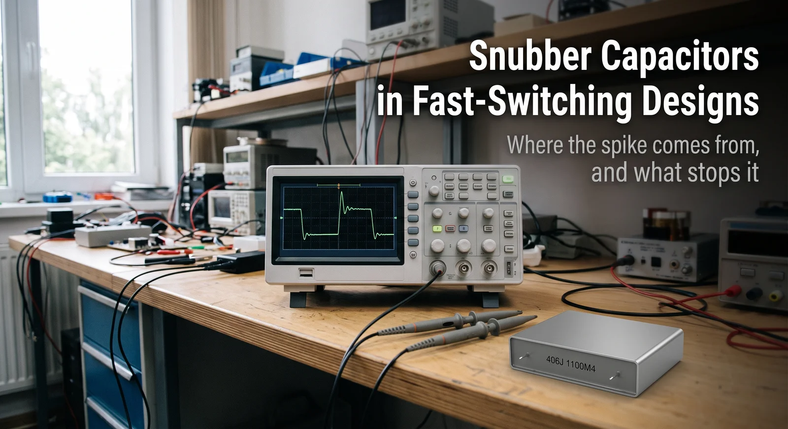 snubber capacitor - oscilloscope showing a switching waveform with voltage overshoot beside a 406J metallized film capacitor on a workbench