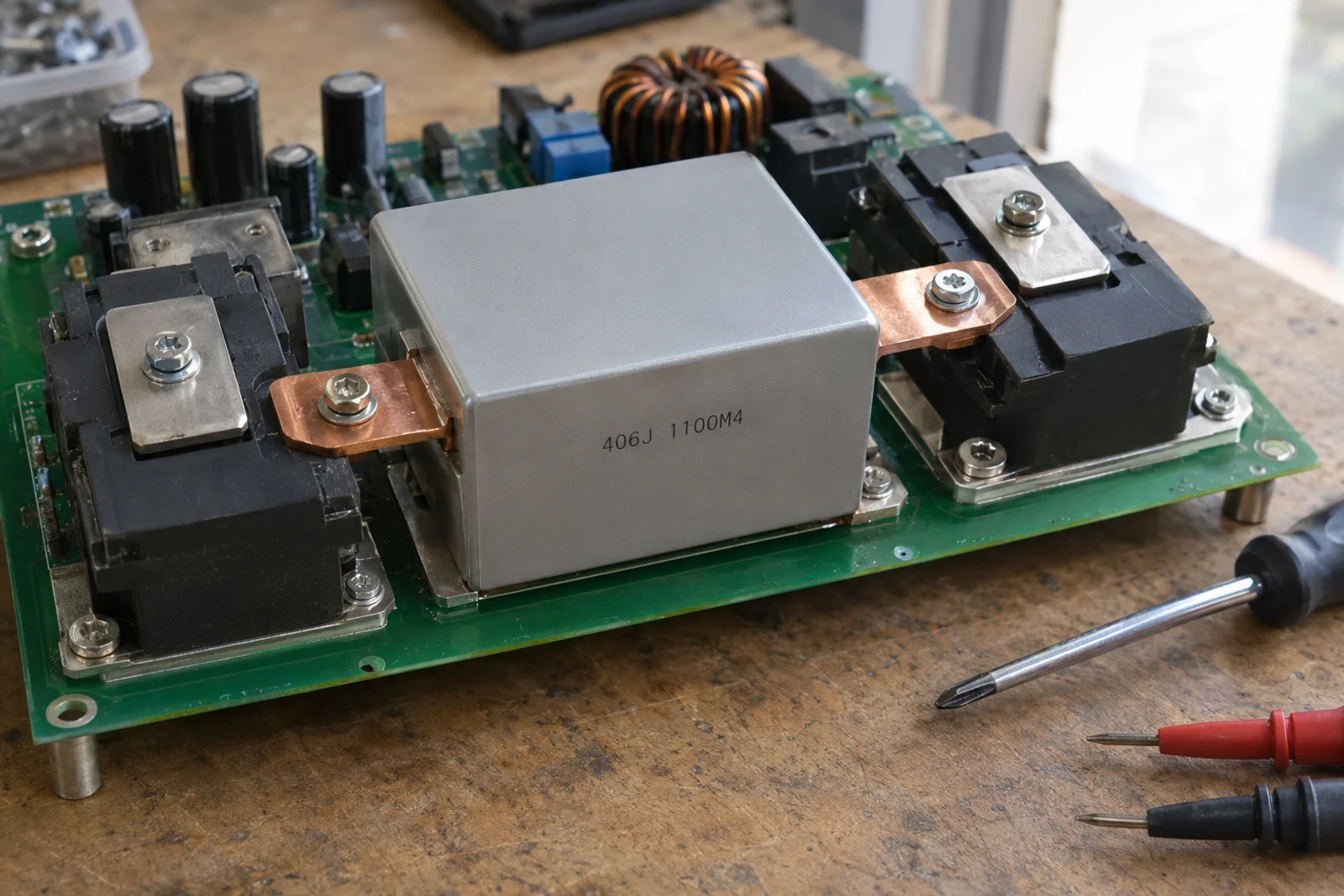 snubber capacitor mounted next to power modules on an inverter board - film capacitor connected by short copper busbars to keep loop inductance low