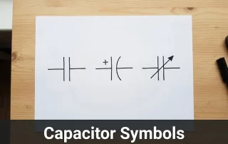 capacitor symbol - schematic symbols for non-polarized, polarized and variable capacitors drawn on paper