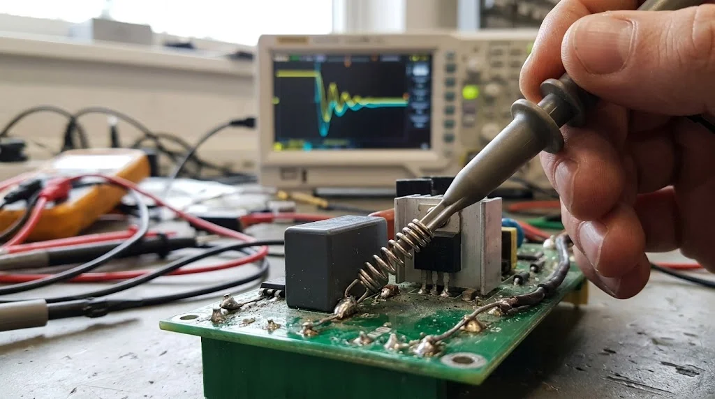 rc snubber design - short ground spring probe measuring the snubber waveform on a half bridge board