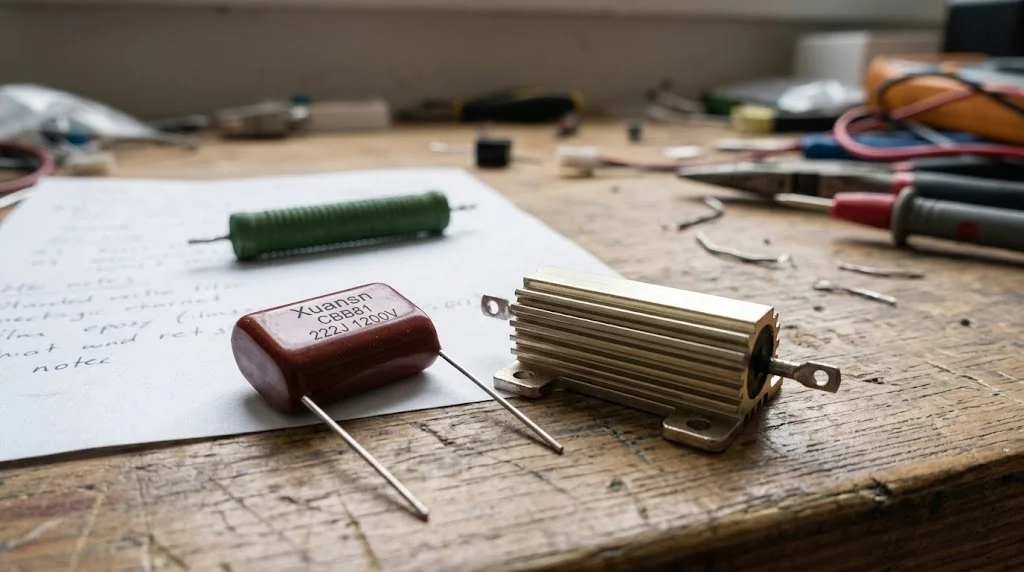 rc snubber design - CBB81 2.2nF 1200V snubber capacitor beside a finned non-inductive power resistor