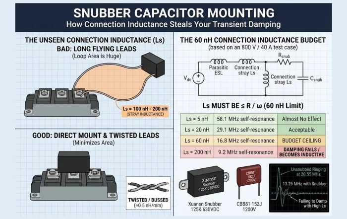 Snubber capacitor mounting infographic comparing long flying leads with a direct terminal mount on an 800 V 40 A switch node, with the 60 nH connection inductance budget