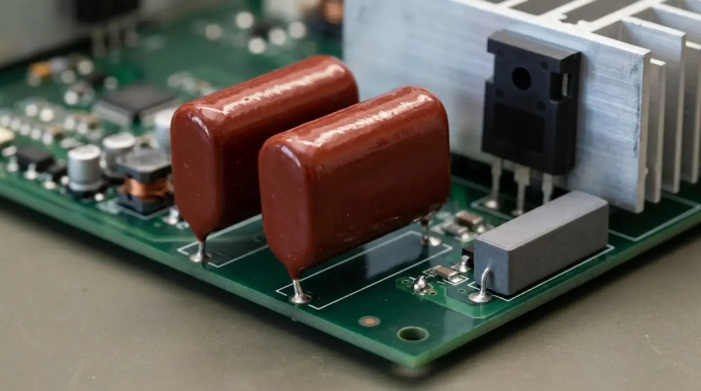 snubber capacitor dv/dt - two CBB81 polypropylene film capacitors beside an IGBT heatsink on a switching board