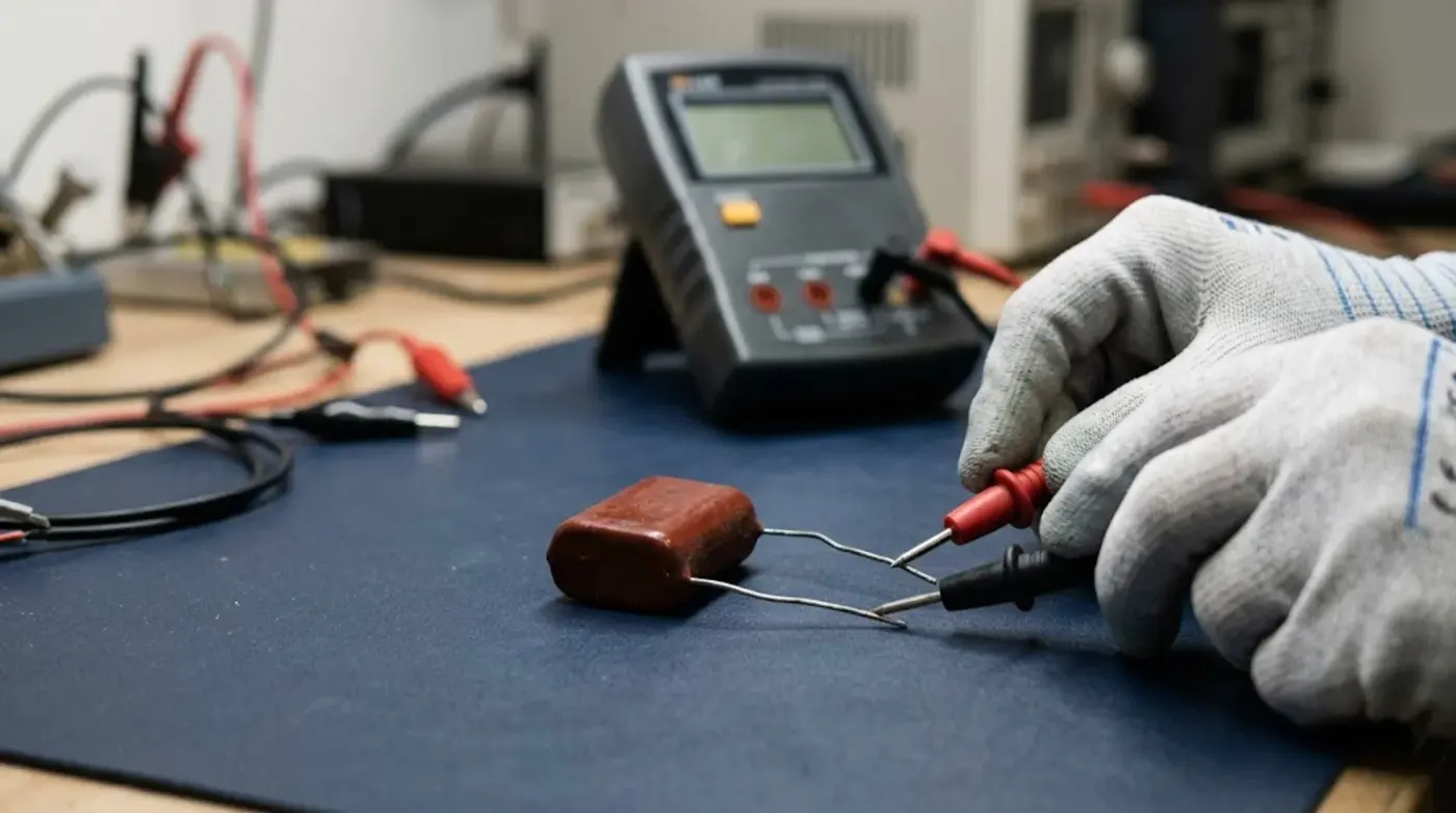 snubber capacitor dv/dt check - gloved hands measuring a CBB81 film capacitor with an LCR meter