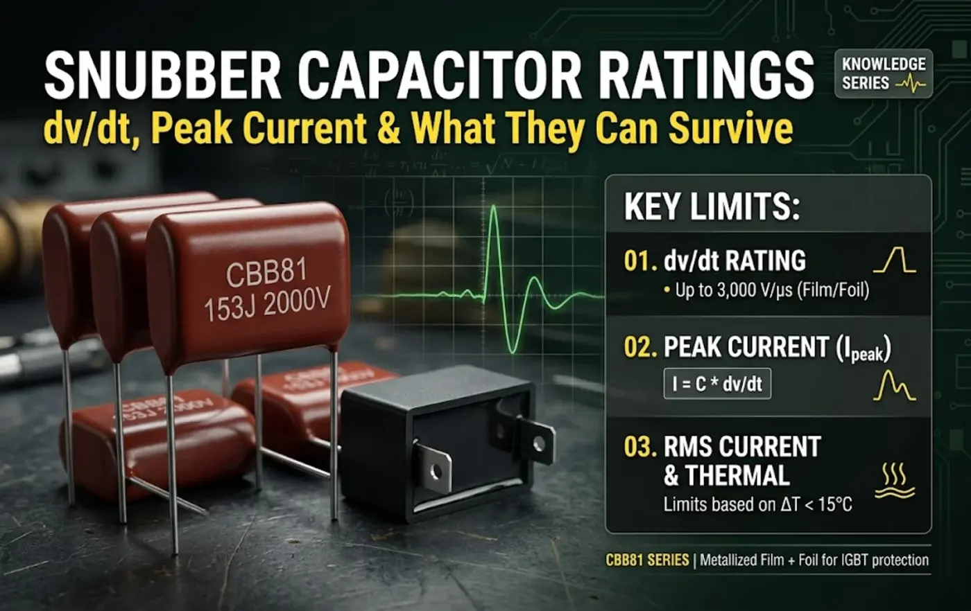 snubber capacitor dv/dt ratings - CBB81 film capacitors and an IGBT on a switching board