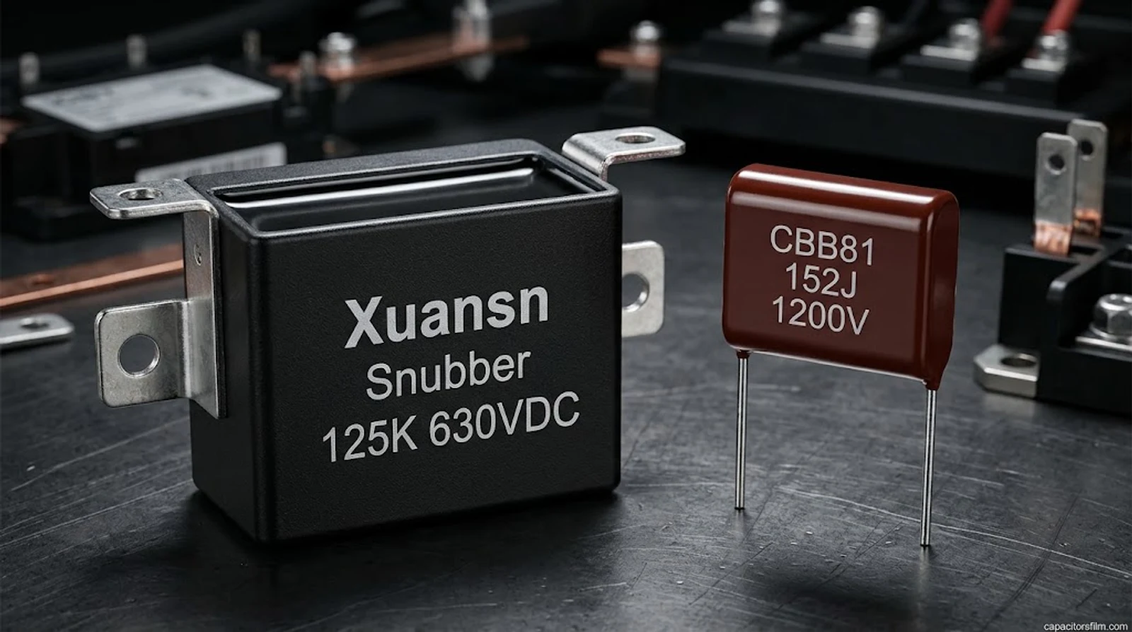Xuansn snubber capacitor mounting parts: 125K 630VDC black potted film capacitor with perforated lugs beside a CBB81 152J 1200V polypropylene film capacitor